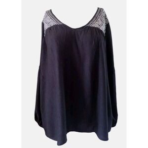 Old Navy Tunic Top Women XL Black Embroidered Long Sleeve Cotton Oversized‎ Boho